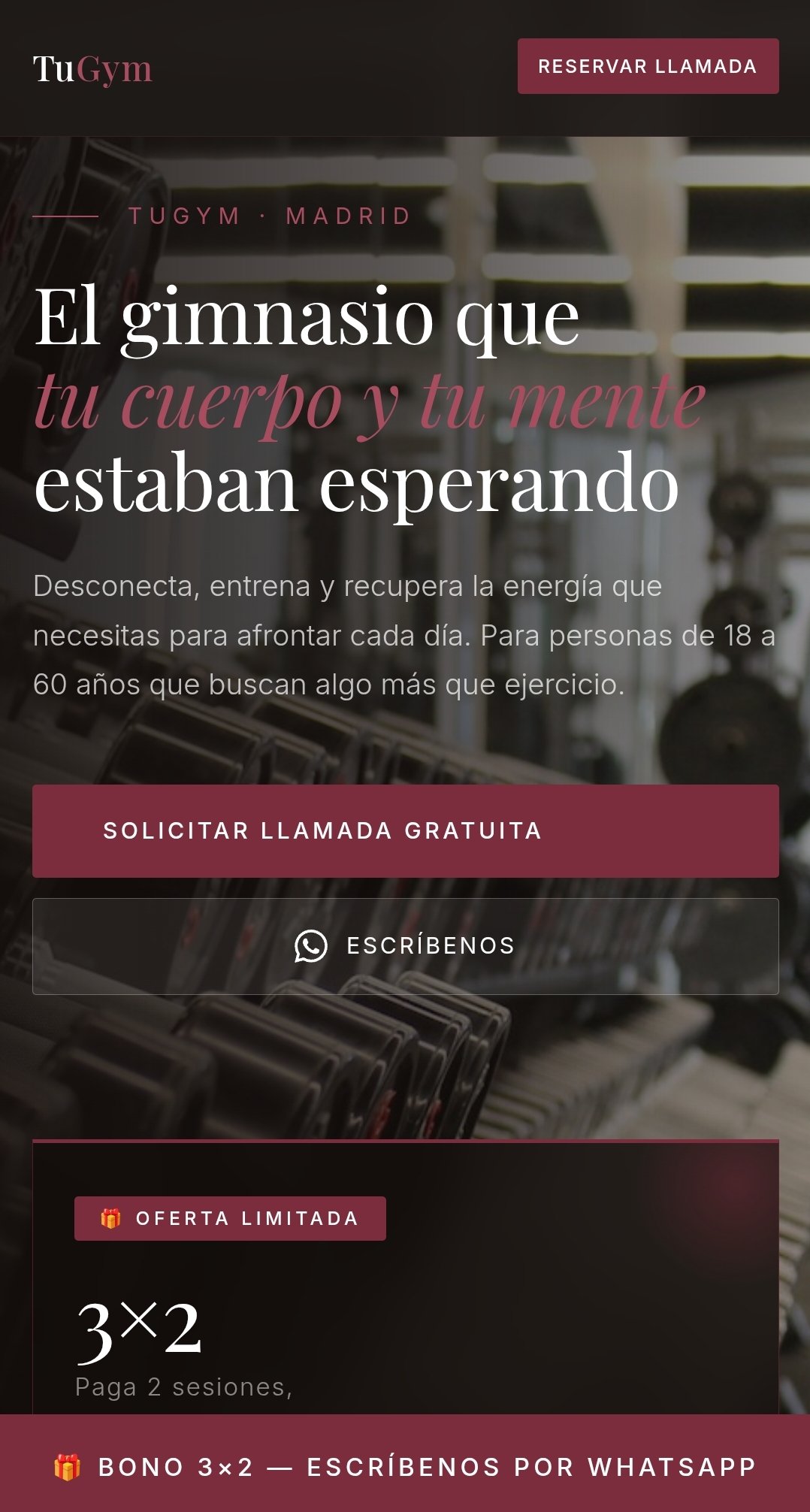 Diseño web para gimnasio — versión móvil